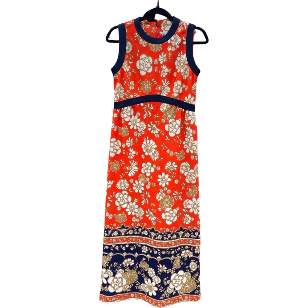 VTG 70s long floral dress in orange navy blue tan and white floral print